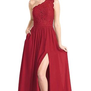 Red one-shoulder lace bridesmaid dress